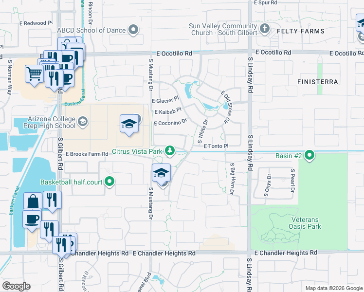 map of restaurants, bars, coffee shops, grocery stores, and more near 3654 East Tonto Place in Chandler