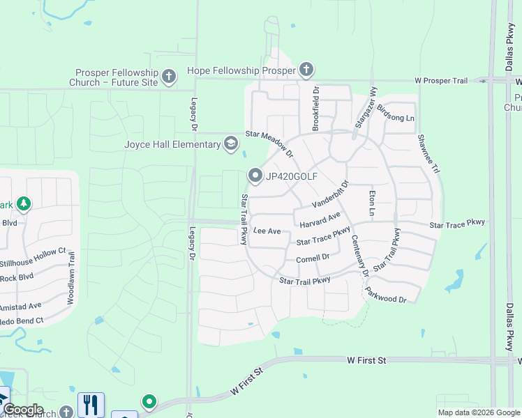 map of restaurants, bars, coffee shops, grocery stores, and more near 2130 Ivywood Lane in Prosper