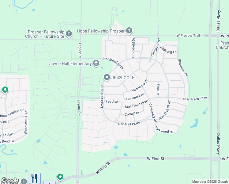 map of restaurants, bars, coffee shops, grocery stores, and more near 2130 Ivywood Lane in Prosper