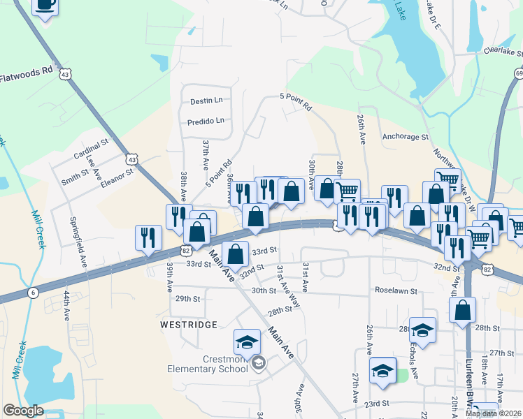 map of restaurants, bars, coffee shops, grocery stores, and more near 3703 34th Avenue in Northport