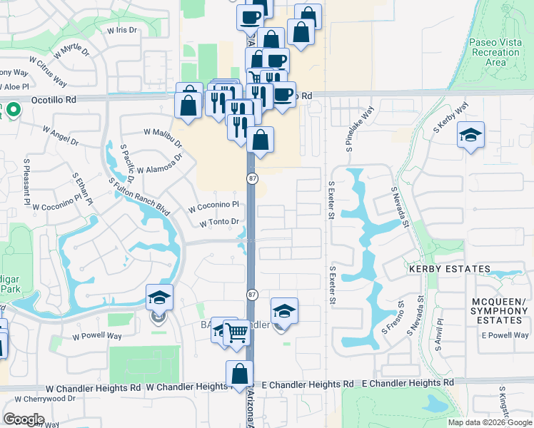 map of restaurants, bars, coffee shops, grocery stores, and more near 124 East Prescott Drive in Chandler