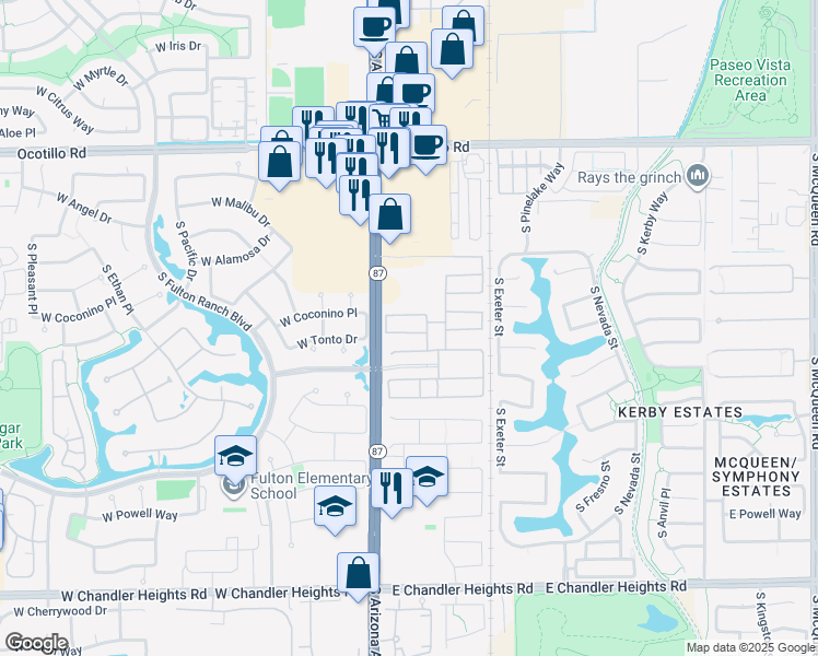 map of restaurants, bars, coffee shops, grocery stores, and more near 134 East Prescott Drive in Chandler