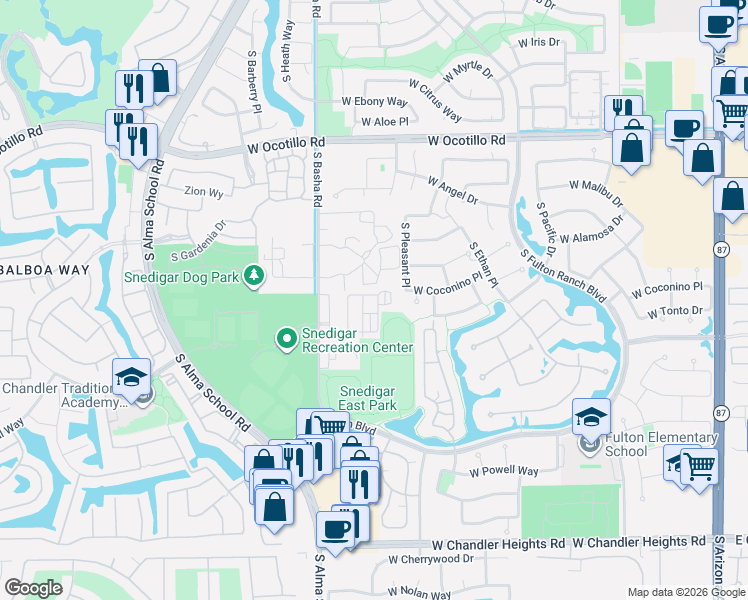 map of restaurants, bars, coffee shops, grocery stores, and more near 741 West Coconino Drive in Chandler