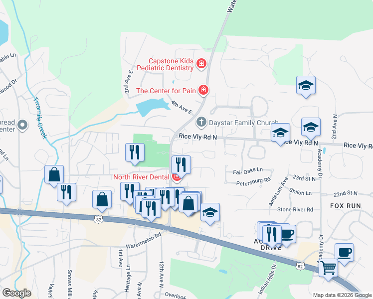 map of restaurants, bars, coffee shops, grocery stores, and more near 1068 Vineyards Drive in Tuscaloosa