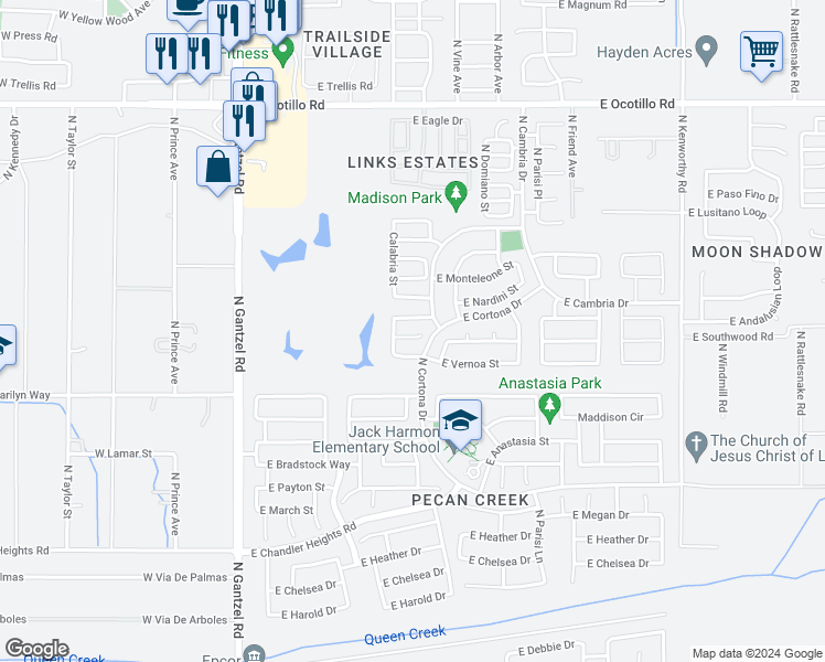 map of restaurants, bars, coffee shops, grocery stores, and more near 842 East Rossi Court in Queen Creek
