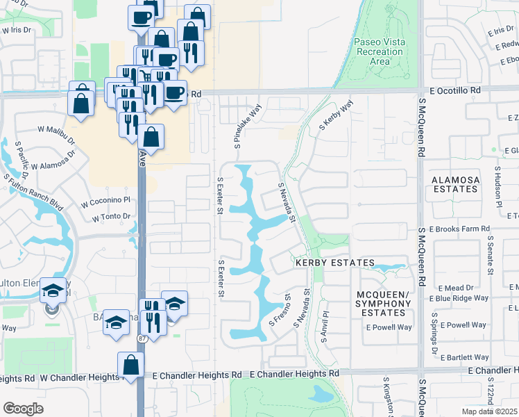 map of restaurants, bars, coffee shops, grocery stores, and more near 4300 South Fresno Street in Chandler