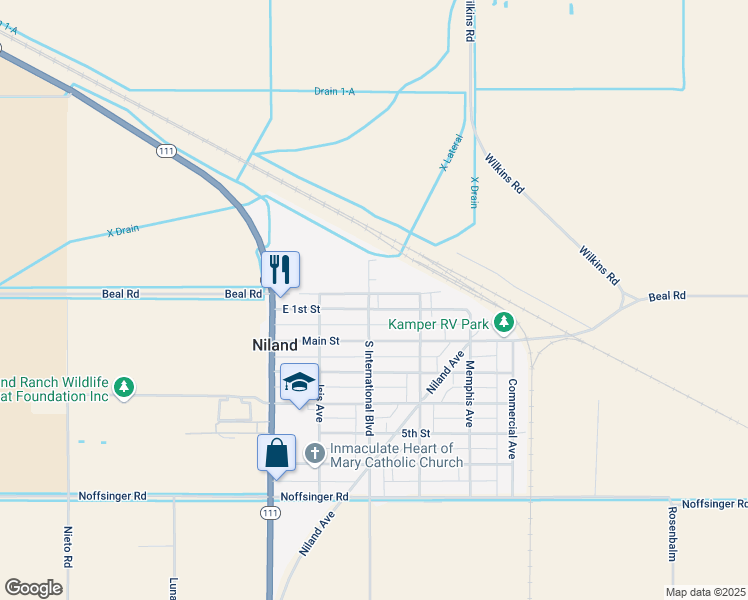 map of restaurants, bars, coffee shops, grocery stores, and more near 122-198 East 1st Street in Niland