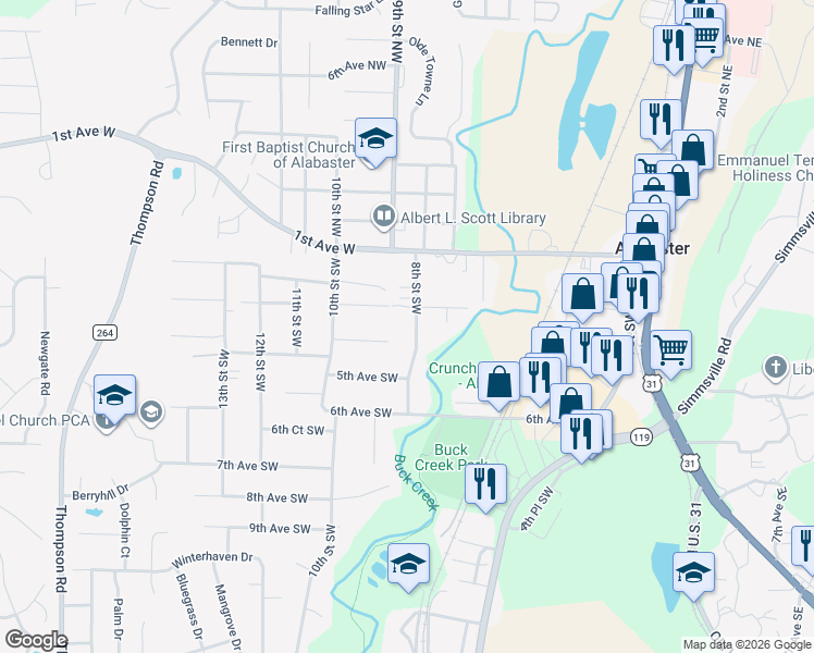 map of restaurants, bars, coffee shops, grocery stores, and more near 328 8th Street Southwest in Alabaster