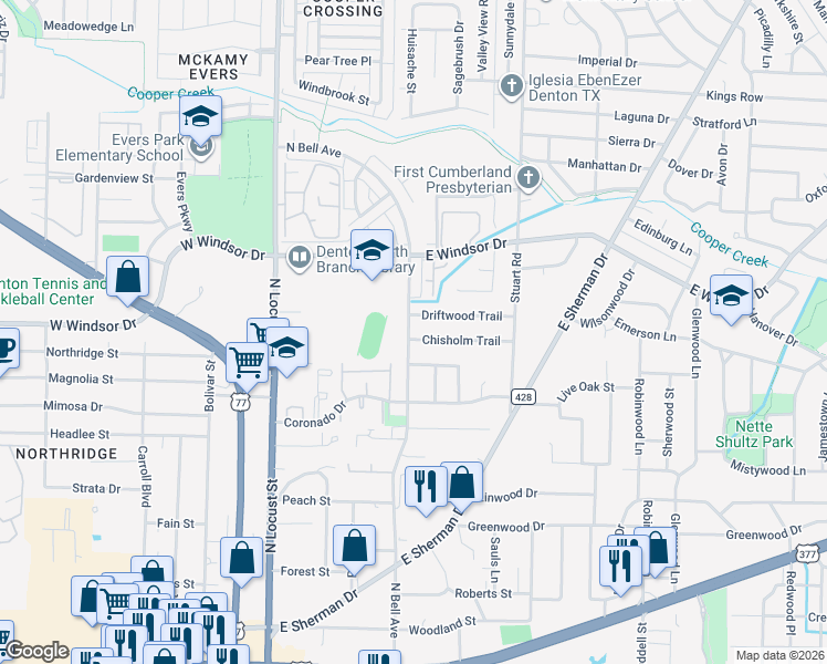 map of restaurants, bars, coffee shops, grocery stores, and more near 501 Chisholm Trail in Denton