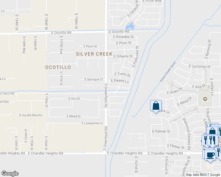 map of restaurants, bars, coffee shops, grocery stores, and more near 2435 East Prescott Street in Gilbert