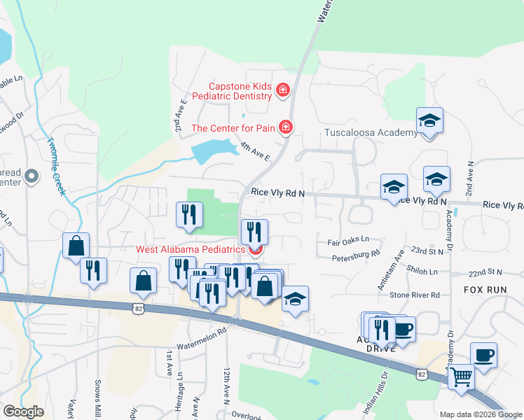 map of restaurants, bars, coffee shops, grocery stores, and more near 1072 Vineyards Drive in Tuscaloosa