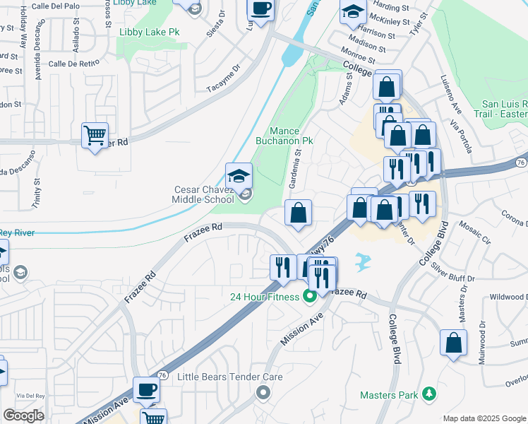 map of restaurants, bars, coffee shops, grocery stores, and more near 202 Oleander Drive in Oceanside