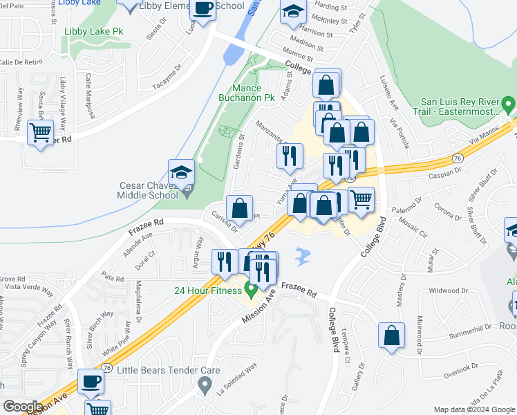 map of restaurants, bars, coffee shops, grocery stores, and more near 241 Smoke Tree Place in Oceanside