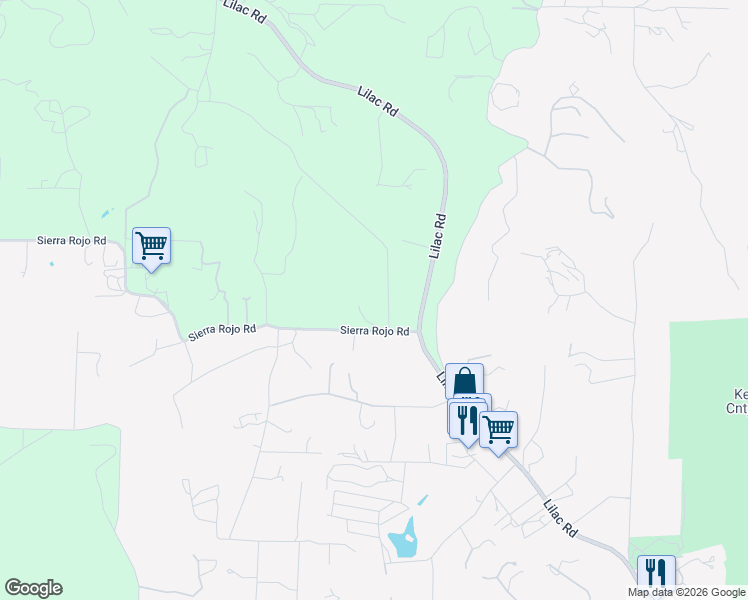 map of restaurants, bars, coffee shops, grocery stores, and more near 12612 Sierra Rojo Road in Valley Center
