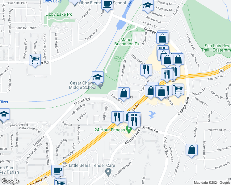 map of restaurants, bars, coffee shops, grocery stores, and more near 207 Oleander Drive in Oceanside