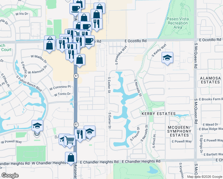 map of restaurants, bars, coffee shops, grocery stores, and more near 426 East Tonto Place in Chandler