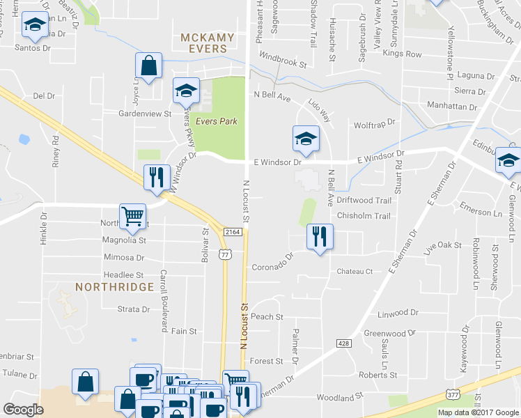 map of restaurants, bars, coffee shops, grocery stores, and more near 2918 North Locust Street in Denton