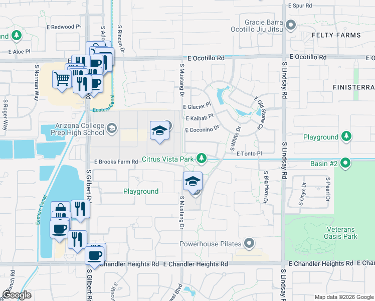 map of restaurants, bars, coffee shops, grocery stores, and more near 3534 East Tonto Place in Chandler