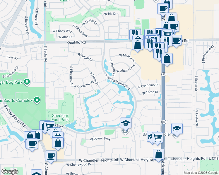 map of restaurants, bars, coffee shops, grocery stores, and more near 504 West Harmony Place in Chandler