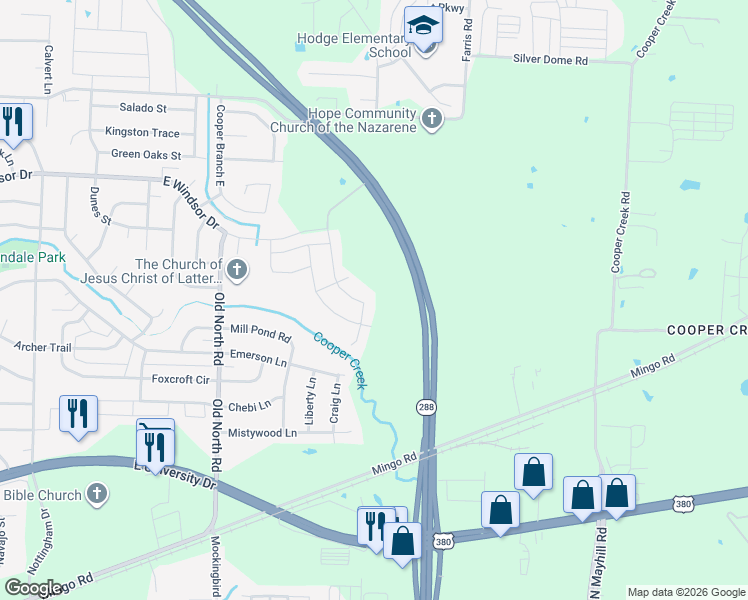 map of restaurants, bars, coffee shops, grocery stores, and more near 2712 Province Street in Denton