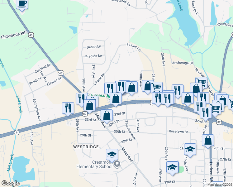 map of restaurants, bars, coffee shops, grocery stores, and more near 3609 34th Avenue in Northport