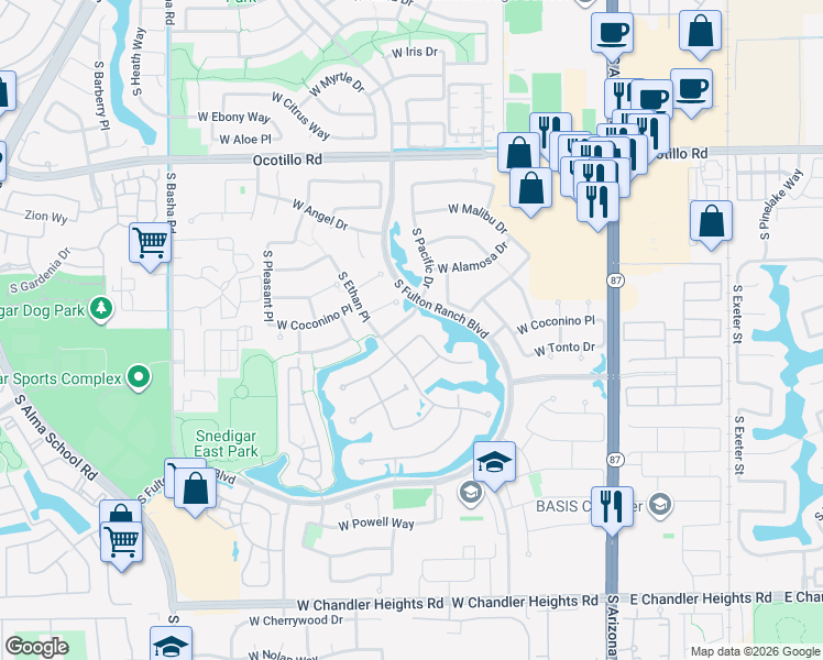 map of restaurants, bars, coffee shops, grocery stores, and more near 504 West Harmony Place in Chandler