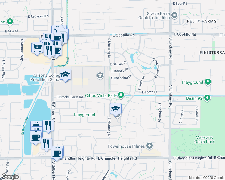 map of restaurants, bars, coffee shops, grocery stores, and more near 3534 East Tonto Place in Chandler