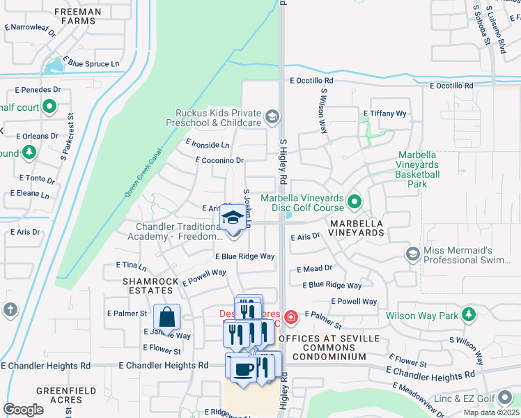 map of restaurants, bars, coffee shops, grocery stores, and more near 5972 South Mack Court in Gilbert