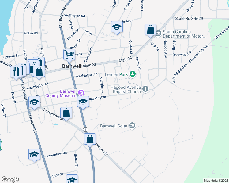 map of restaurants, bars, coffee shops, grocery stores, and more near 54 Gordon Street in Barnwell