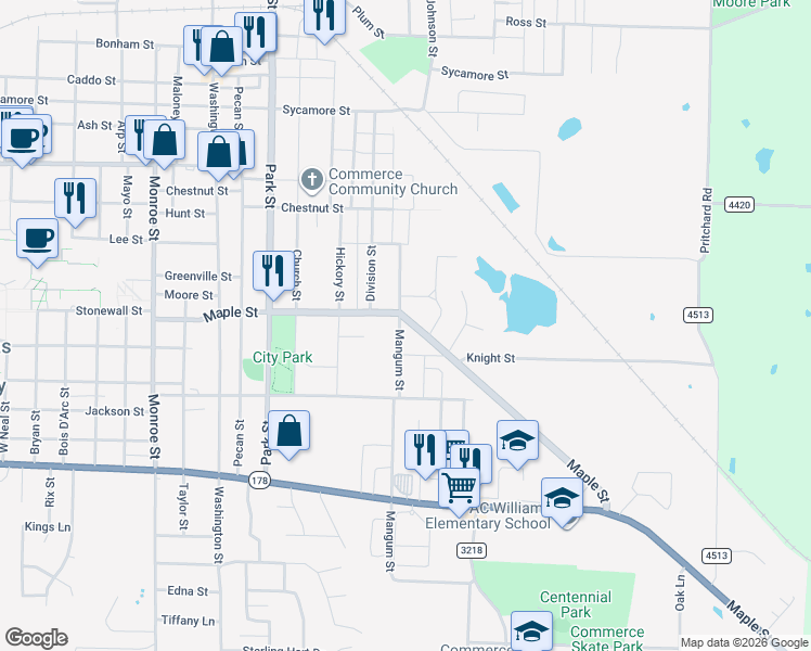 map of restaurants, bars, coffee shops, grocery stores, and more near 2113 Mangum Street in Commerce