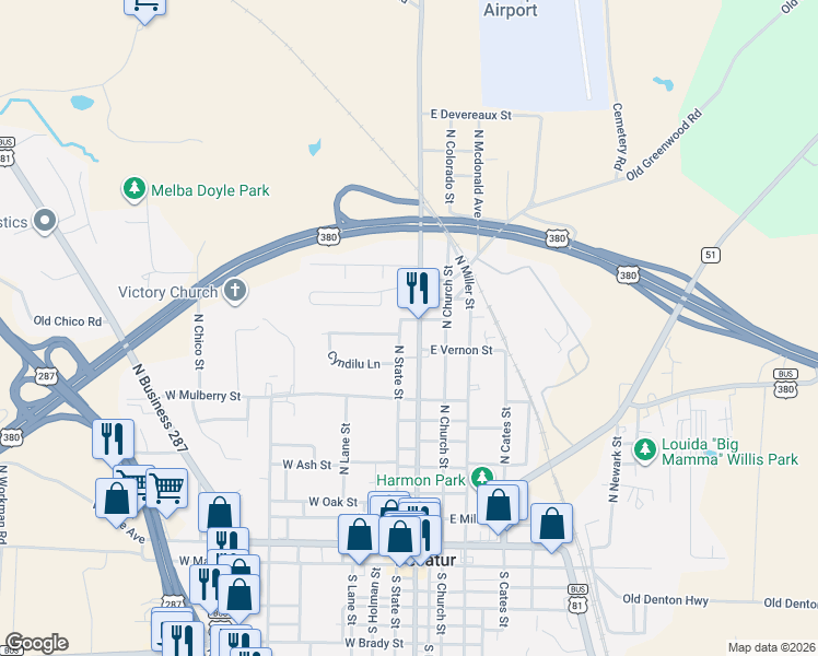 map of restaurants, bars, coffee shops, grocery stores, and more near 1001 North Trinity Street in Decatur