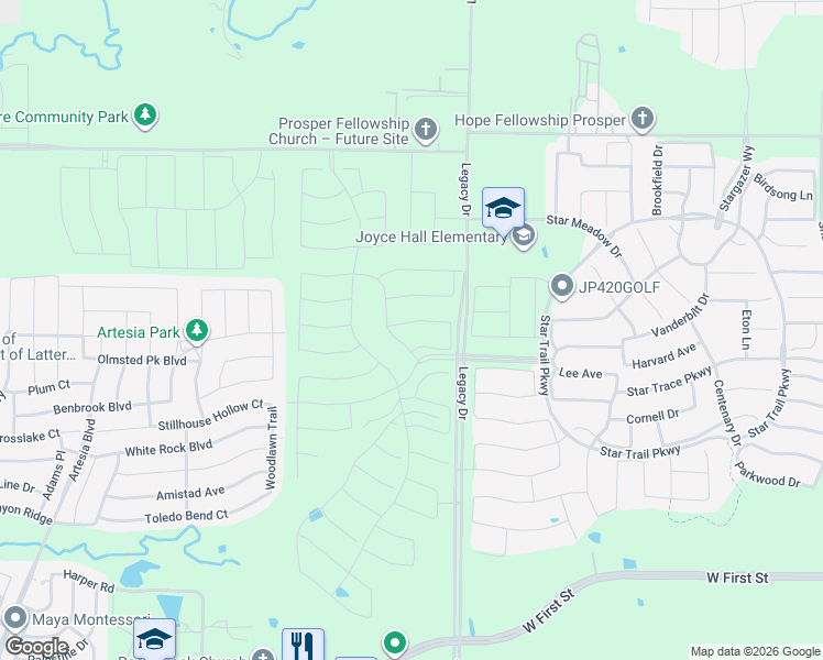 map of restaurants, bars, coffee shops, grocery stores, and more near Legacy Drive in Prosper