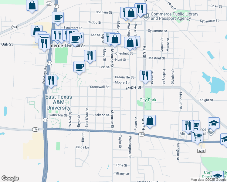 map of restaurants, bars, coffee shops, grocery stores, and more near 2200 Monroe Street in Commerce