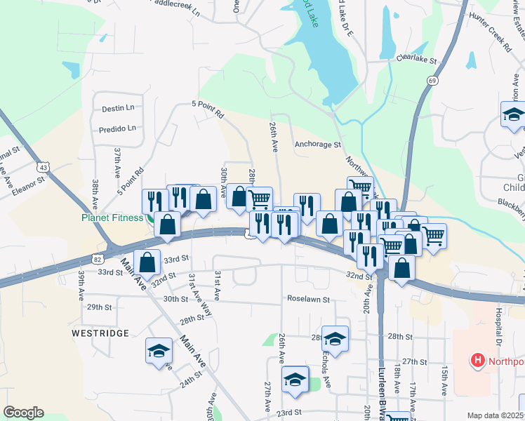 map of restaurants, bars, coffee shops, grocery stores, and more near 2608 McFarland Boulevard in Northport
