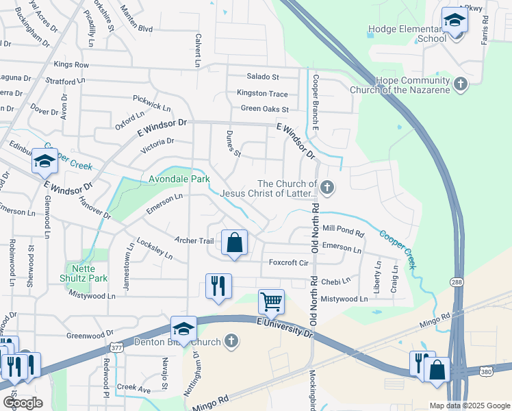 map of restaurants, bars, coffee shops, grocery stores, and more near 2216 Burning Tree Lane in Denton