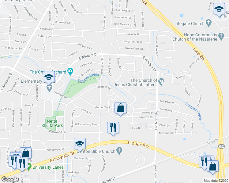 map of restaurants, bars, coffee shops, grocery stores, and more near 2115 Emerson Lane in Denton
