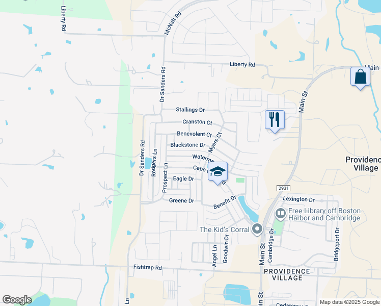 map of restaurants, bars, coffee shops, grocery stores, and more near 9108 Waterman Drive in Denton County