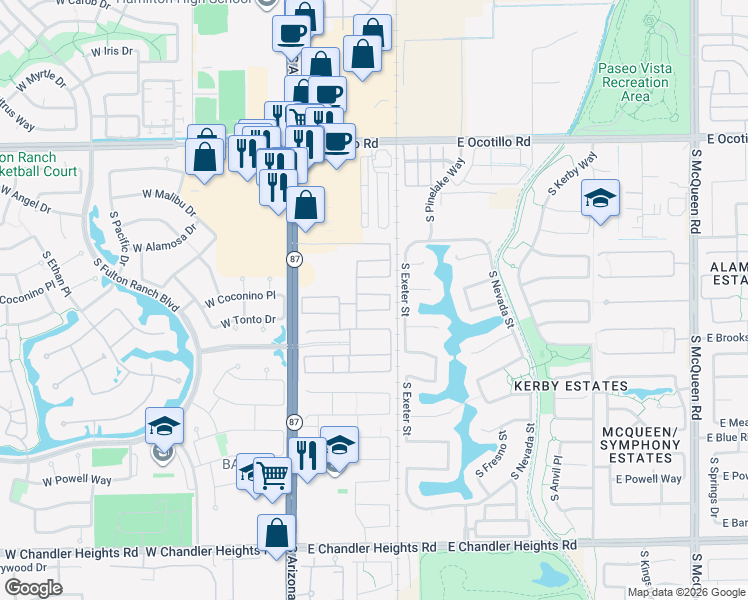 map of restaurants, bars, coffee shops, grocery stores, and more near 265 East Coconino Drive in Chandler
