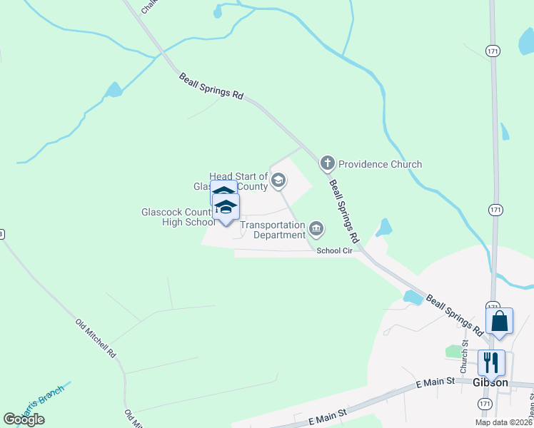 map of restaurants, bars, coffee shops, grocery stores, and more near 900-1098 J W Brasswell Road in Gibson