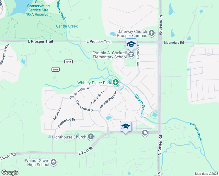 map of restaurants, bars, coffee shops, grocery stores, and more near 601 Whitley Place Drive in Prosper