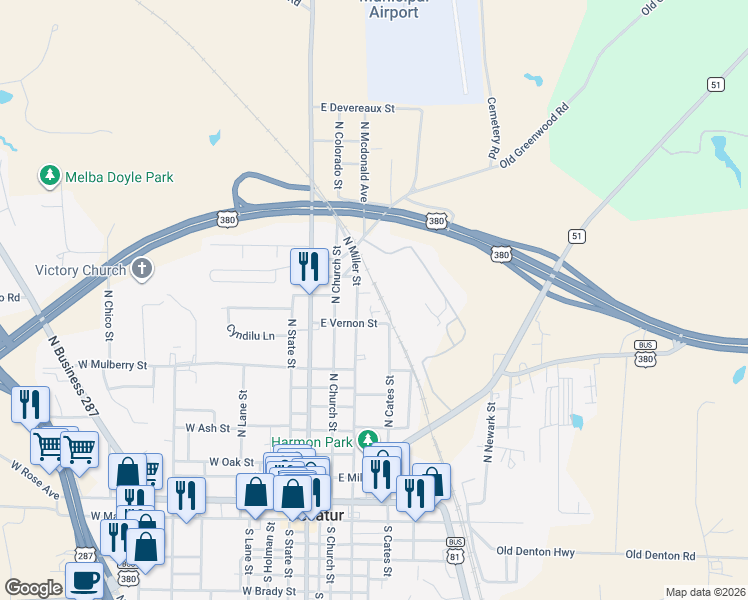 map of restaurants, bars, coffee shops, grocery stores, and more near 1002 North Miller Street in Decatur