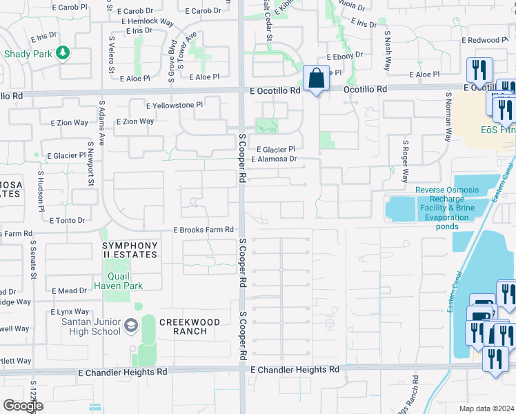 map of restaurants, bars, coffee shops, grocery stores, and more near 2061 East Prescott Place in Chandler