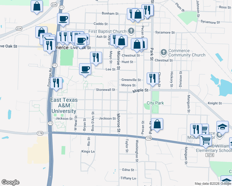 map of restaurants, bars, coffee shops, grocery stores, and more near 2200 Monroe Street in Commerce