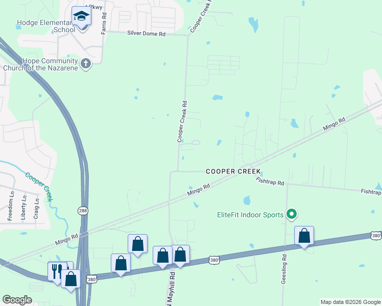 map of restaurants, bars, coffee shops, grocery stores, and more near 2730 Cooper Creek Road in Denton