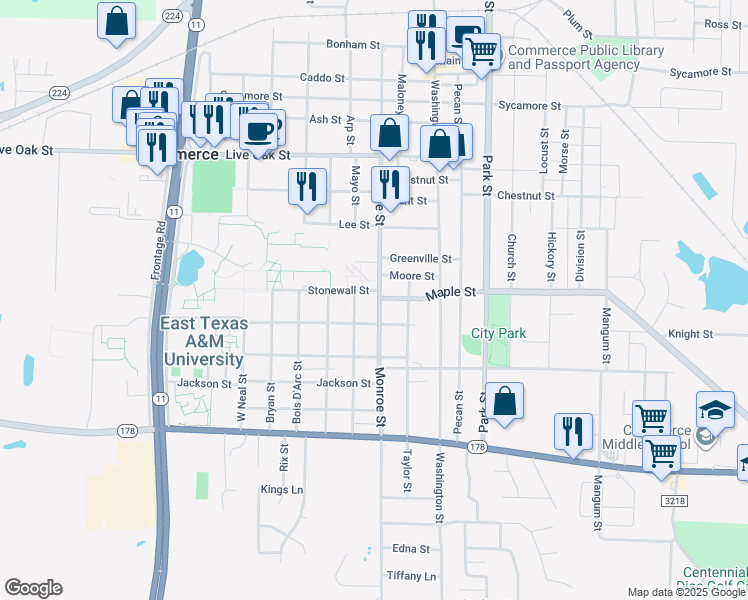 map of restaurants, bars, coffee shops, grocery stores, and more near 2200 Monroe Street in Commerce