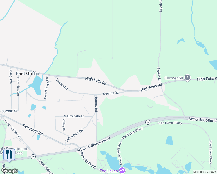 map of restaurants, bars, coffee shops, grocery stores, and more near 1245 Newton Road in Griffin