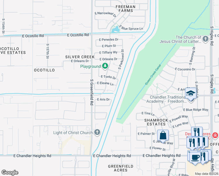 map of restaurants, bars, coffee shops, grocery stores, and more near 2547 East Prescott Court in Gilbert