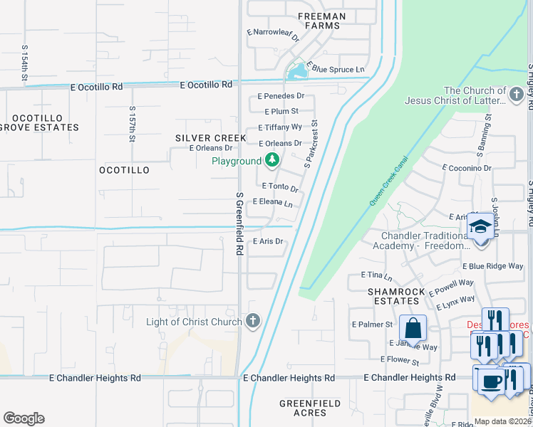 map of restaurants, bars, coffee shops, grocery stores, and more near 5989 South Freeman Farms Road in Gilbert