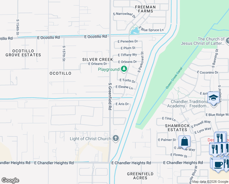 map of restaurants, bars, coffee shops, grocery stores, and more near 2435 East Prescott Street in Gilbert