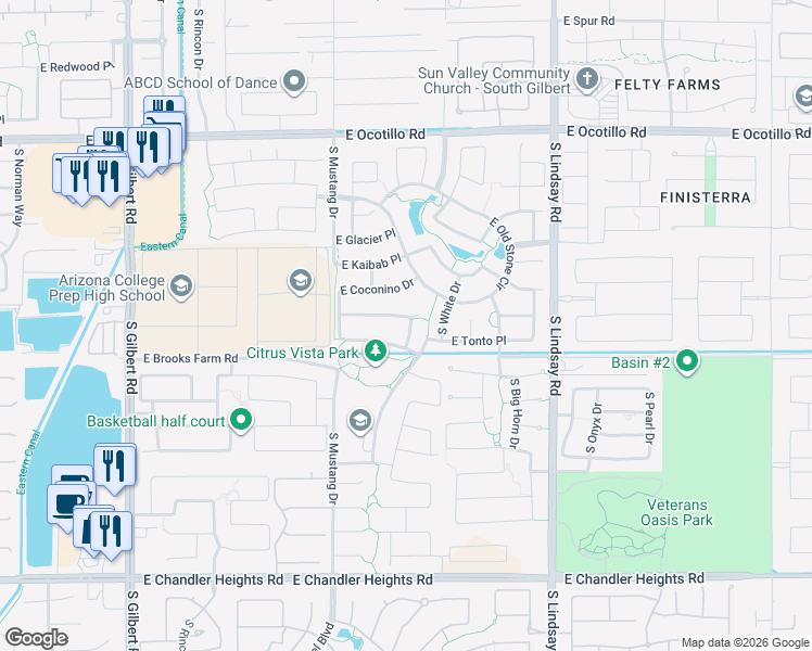 map of restaurants, bars, coffee shops, grocery stores, and more near 3654 East Tonto Place in Chandler